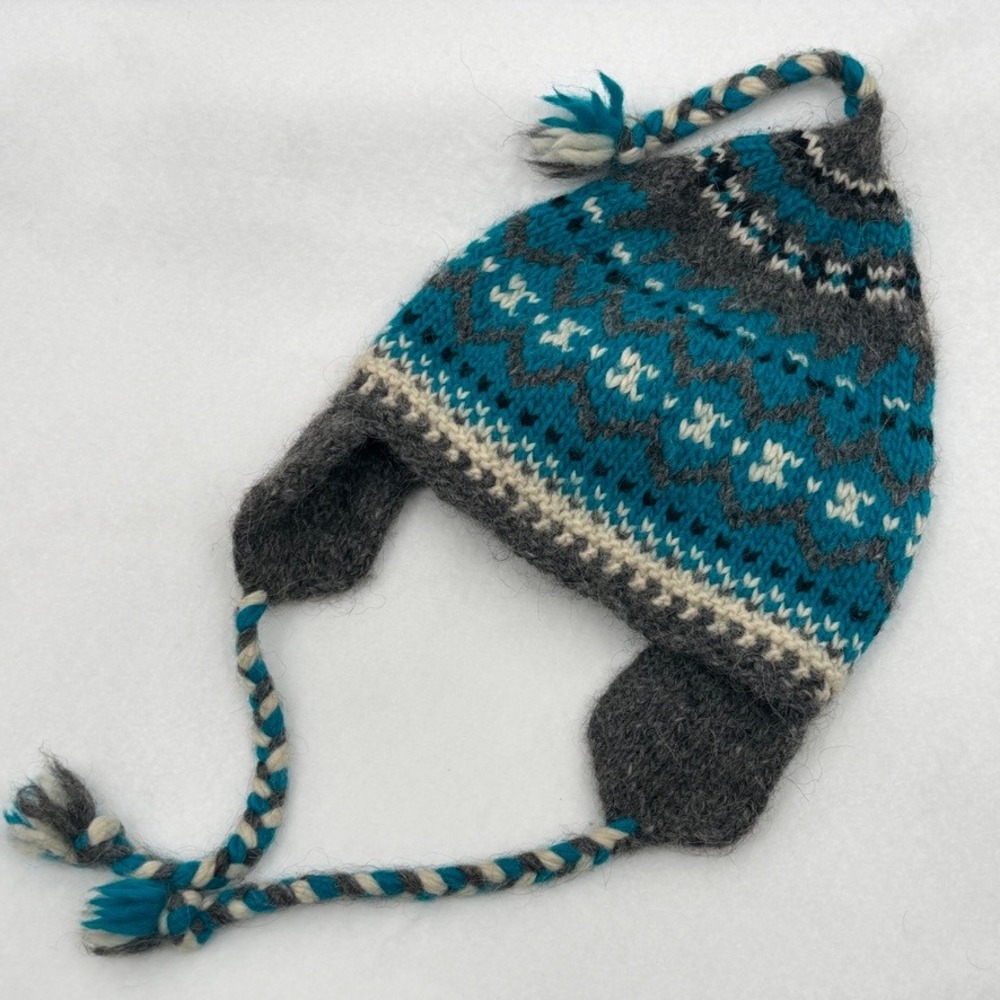 JP Woolies Earflap Hat Unisex OS Teal Grey Fair Isle Knit Gorpcore Cabin Montana